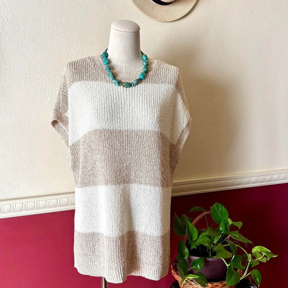 Pure Jill Sleeveless 100% Cotton Knit Sweater Size M Neutral Coastal Beige White